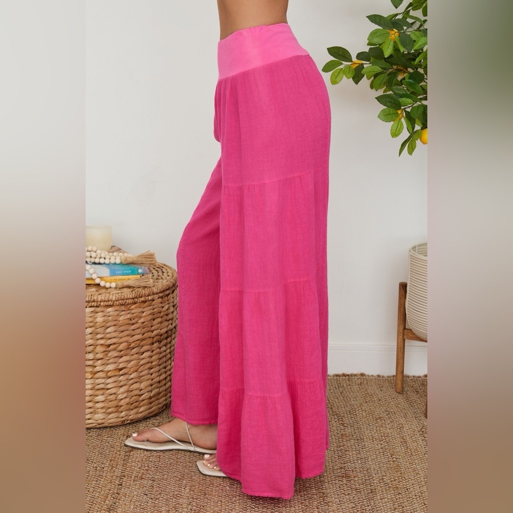 (2-36/255005-SOL-FUC) LINEN TIERED PALAZZO PANT - Picture 3 of 4